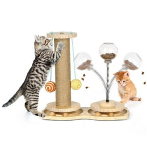 Cat Interactive Toy for Indoor, Creative Treat Toy & Scratch Toy Teasing Stick Playing Set for Cat Exercise and Playing, Double Wooden Ball Track with Leakage Food Ball and Sisal Rope Scratcher