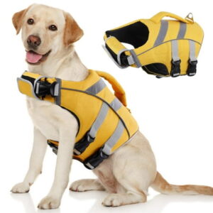 Kuoser Dog Life Jacket with Reflective Stripes, Adjustable Dog Life Vest Ripstop Dog Lifesaver, Yellow, XL