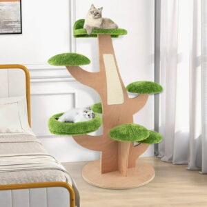 Amijoy Wooden Cat Tree, 50″ Tall Cat Climbing Stand w/ Solid Plywood Frame, Top Perch, Cat Bed, 5 Thick Padded Platforms