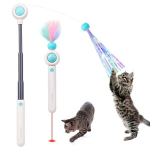 Aelflane Interactive Cat Toys for Indoor Cats,Cat Teaser Wand Laser Toy 2-in-1,Kitten Toys Feather One Click Retractable,Blue