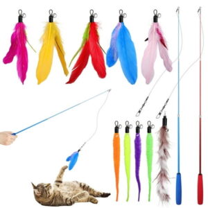 TSV Cat Toys, 2pcs Retractable Cat Wand Toy + 10pcs Cat Feather Toys for Indoor Cats