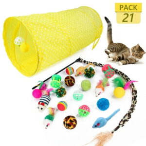 Tripumer 21Pcs Cat Toys Kitten Toy Set Folding Yellow Polka Dot Cat Tunnel Indoor Interactive Pet Toys Teaser Stick Cat Feather Toys Colorful Mouse Plush Balls Bell Balls Toys Kit Kitten Bunny Puppy