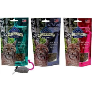 Blue Wilderness Grain Free Crunchy Treats for Cats 3 Flavor Variety with Toy Bundle, (1) Each: Trout, Chicken, Salmon (2 Ounces)