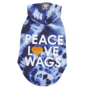 Best Friends “Peace, Love, Wags” Dog Hoodie -Blue Tie-Dye, Large