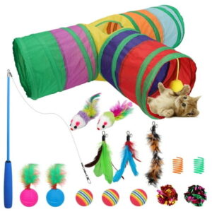 TSV Cat Toys, 16pcs Three-Hole Tunnel Toys, Feather Toy, Cat Springs, Balls and Fluffy Mouse