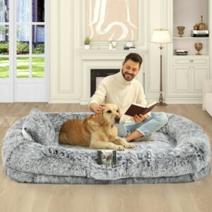 Dextrus Human Dog Bed, Oversized Memory Foam Dog Bed, 79″x43″ with Blanket and Pillow, Removable Fur Cover, Grey