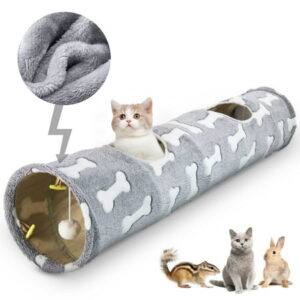 USCAMEL 46″ Cat Tunnel with Plush, Collapsible Play Tunnel Tube with Dangling Balls for Kittens, Rabbits and Puppy Small Pets, Gray