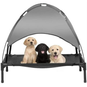 31″ Elevated Outdoor Dog Bed with Canopy, Cooling Raised Pet Cot with Removable Sunshade for Camping, Deluxe 600D PVC with 2×1 Textilene with Carrying Bag