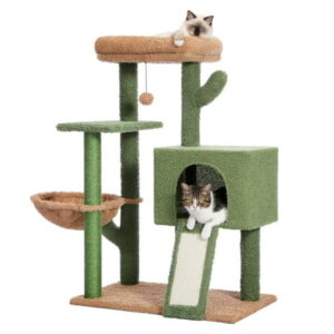 41″ Cactus Cat Tree, Cat Tower for Indoor Cats, Cat Climbing Stand Suitable for Both Small and Big Cats with Sisal Covered Scratching Post and Cozy Condo, Plush Perch & Soft Hammock