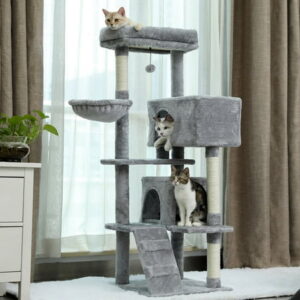 Multi-functional Cat Tree, Cat Tower with Sisal Scratching Post Top Perch Climbing Ladder and Dangling Ball, Cat House for 2 Cozy Condo, Beige