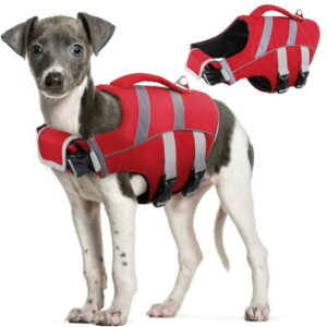 Kuoser Dog Life Jacket with Reflective Stripes, Adjustable Dog Life Vest Ripstop Dog Lifesaver, Red, M