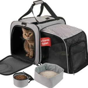 LitaiL Cat Carrier Dog Carrier for Cats and Small Dogs, Expandable Sunshade Pet Carrier with Litter Box and Feeding Bucket, Gray