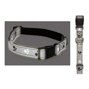 Grey & Black Reflective Pawprint Dog Collars – Great for Nighttime Safe Walks ! (Small – 10 to 16 Inch)