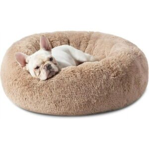 Bedsure Calming Dog Bed, Donut Washable, Faux Fur up to 45 lbs Pets, Camel