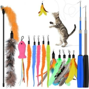 Qoosea Cat Feather Toys, 2PCS Retractable Cat Wand Toy and 13PCS Replacement Teaser with Bell Refills, Interactive Cat Wand for Kitten Cat Having Fun Playing