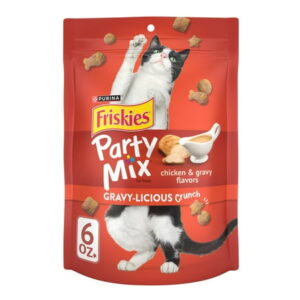 Purina Friskies Cat Treats, Party Mix Gravy-licious Crunch Chicken and Gravy Flavors, 6 oz Bag