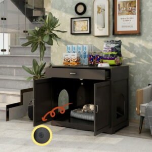 Smart FENDEE Modern Cat Litter Box with Hidden Plug, 2 Doors Wooden Pet House, Brown