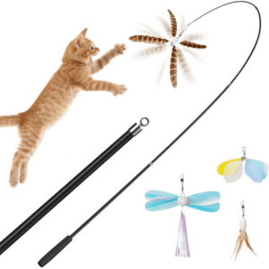 Carbon Fiber Natural Feather Cat Toy: 60-inch Retractable Wand for Indoor Cats – Safe Interactive Hunting Experience with 4 Senses Replacement Teasers, Igniting Cats’ Desire to Hunt