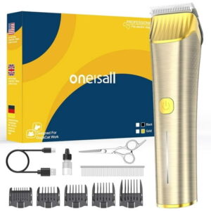 Oneisall RK-034 Dog Clippers for Grooming, 2 Speed Low Noise Dog Grooming Kit with Detachable Metal Blade & 5 Guide Guards, Cordless Dog Grooming Clippers for Dogs Cats Thick Matted Coats – Gold