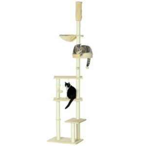 PawHut Floor to Ceiling Cat Tree, 90.5″ – 98.5″ Adjustable Height, Cat Climbing Tower with Carpeted Platforms, Cozy Bed, Hammock, Scratching Posts, Toy Balls, Activity Center for Kittens, Beige