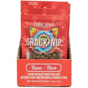 Snack Station: Crack-Nip 12 Pack – Tuna – 1.5 oz Bags – Catnip Infused Cat Treats, Smokey Flavor Protein Rich Bites, This & That Canine Co
