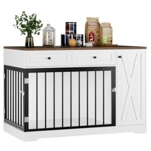 Homfa Puppy Dog Crate with Storage Cabinet and 2 Drawers, Indoor Furniture Style Wooden Large Dog Kennel, White
