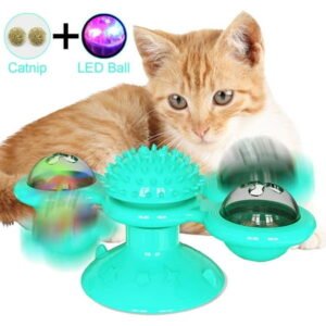 LIGHTSMAX Windmill Cat Toy Turntable Teasing Interactive Cat Toys for Indoor Cats with Suction Cup Scratching Tickle Cats Hair Brush Funny Kitten Toys with Catnip and Bells