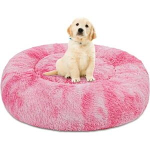Exclusivo Mezcla Calming Donut Dog Bed for Small Medium and Large Dogs, Anti-Anxiety Plush Cozy Warming Pet Bed (24″x24″,Gradient Pink)