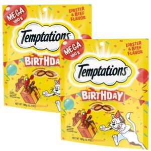Temptations Birthday Classic Crunchy and Soft Cat Treats, Lobster and Beef Flavor Treat Pet Food Great Snack for Adult Cats, 6.3oz Resealable Pouch – Pack of 2