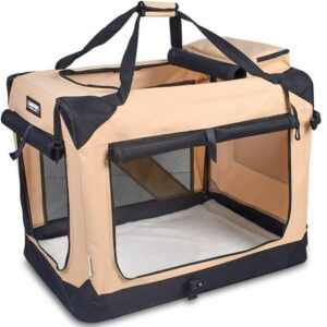 JESPET: 36″ Soft Pet Crate – Beige – Dogs & Cats Up to 70 lbs, 3 Door Folding Kennel, Indoor Outdoor Travel Carrier, Mesh Windows, Fleece Mat, GooPaws