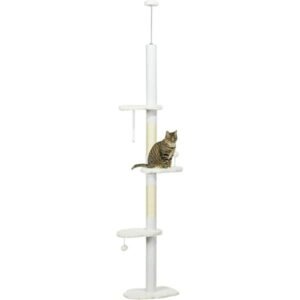 PawHut Floor to Ceiling Cat Tree with Scratching Posts, 88.5″-100.5″ Adjustable Height, Cat Climbing Tower with Cloud Shape Platforms, Toy Balls, Anti-toppling Device, White