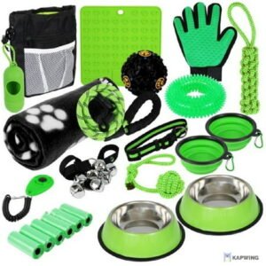 SETONWARE Puppy Starter Kit, Dog Toys, Dog Bed Blankets, Puppy Dog Grooming Tool, Training, Toys, Training Bells Dog Leashes Accessories for Dogs Gift for New Puppies Green 23 Pieces