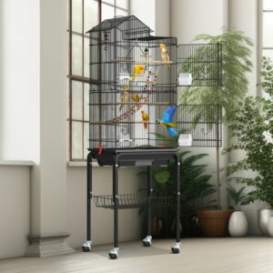 Dextrus 62″ Metal Bird Cage with Rolling Stand and Hanging Toys, Large Parakeet Cages for Parrot, Cockatiel, Lovebird, Pigeon with Roof Top, Black