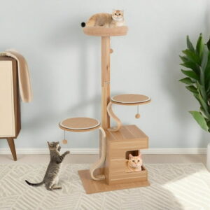 Demi Bonn 51″ 4-Layer Wood Cat Tree Tower for Indoor Cats with Condo and Washable Cushions, Cat Tree House for Kittens Climb Play, Rest, Beige