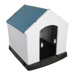 Plastic Outdoor Dog House with Iron Door for Pets, Weatherproof Kennel Small to Large Size, Blue & White