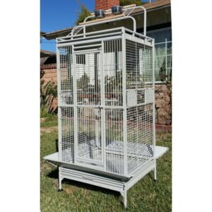 65″ Large Deluxe and Durable Wrought Iron Bird Parrot Open Play Top Double Ladders Perch Stand Cage With Around Seed Guard On Wheels