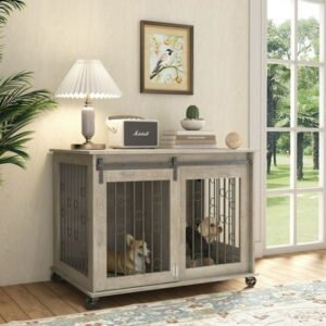 Ouyessir Dog Crate, Large Dog Kennel Furniture Indoor,Chew-Resistant Natural Wood Dog House,Gray