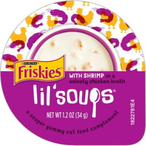 Purina Friskies Natural, Grain Free Wet Cat Food Lickable Cat Treats, Lil’ Soups With Shrimp in Chicken Broth – 1.2 oz. Cups (Pack of 8) KK21 KK21