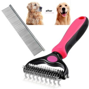 Dog Grooming Brush and Metal Comb, Undercoat Rake for Dogs Grooming Supplies Dematting Deshedding Brush for Shedding, Cat Brush Deshedder Brush Dogs Shedding Tool for Long matted Haired Pets, Pink