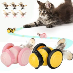 Oneisall 2 Pack Interactive Cat Toys for Indoor Cats, Little Bee Shape Automatic Cat Toy with Colorful LED Lights, Cat Interactive Toy with 6 Feather Toys, Smart Cat Toys Interactive – Yellow+Pink