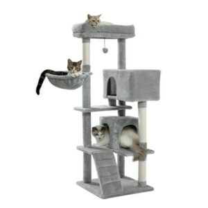 ZephyPaws Multi-functional Cat Tree Tower with Sisal Scratching Post, 2 Cozy Condos, Climbing ladder and Dangling Ball Gray