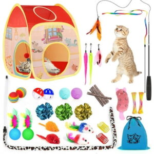 TAIMASI 34Pcs Cat Toys Kitten Toys, Interactive Kitty Toys with Collapsible Cat Tunnels Tent, Cat Wand Catnip Feather Teaser