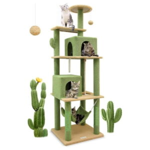 Hongwa F60 Cactus Cat Tree for Indoor Multiple Cats, 61.8in Green Cat Climbing Tower Cactus Scratching Post with 2 Large Cat Condo, Hammock, 2 Platform, Sisal Rope and Dangling , Green