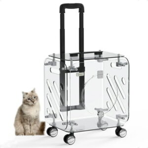 CUMILO Rooling Cat Carrier Suitcase with Wheels for Pet Travel, Large Hard Cat Carrier Stroller with pad and Handle, Airline Approved Clear Kitty Carrier Trolley