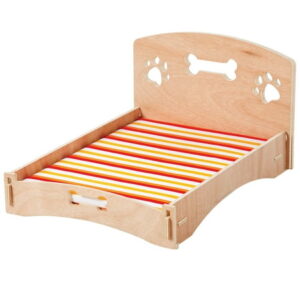 Etna Products Wooden Dog Bed Bone and Footprint Design with Removable Stripe Cushion, Small Pet Bed for Indoor/Outdoor Use 22″L x 16″W x 12″H