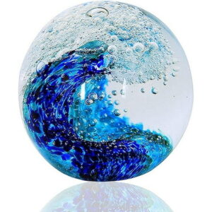 Hand Blown Glass Figurines Ball Ocean Waves,Paperweight Glass Ball,Home Decor Collectible,Aquarium Decor,Office Decor Ocean Lovers