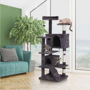 55″ Cat Tree for Indoor Cats with Toys Cat Climbing towwer for Kitten Play Gray