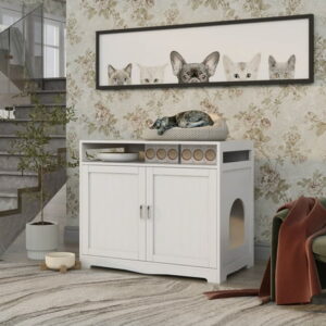 Rugerasy Indoor Cat Washroom Storage Bench Side Table Cat House Large Wooden Litter Box House Litter Box Enclosure