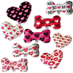 Valentine’s Day Pet Dog Plush Heart or Bone Toy, “Sweetheart Group” (Available in different sizes and 7 different patterns!)