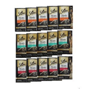 (15 Pack) Sheba MeatyTender Sticks veritable Pack of 3 Flavor (5 Salmon, 5 Chicken, 5 Tuna) 75 Sticks